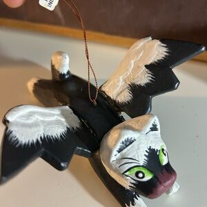 Vintage 90s Handcarved Wooden Black and White Angel Cat Ornament 5"